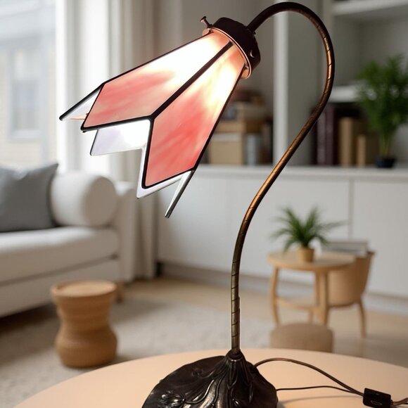 Vintage L&L WMC Tiffany Style Stained Glass Table Lamp MCM Pink - Lily Pad 19"H - Picture 2 of 13